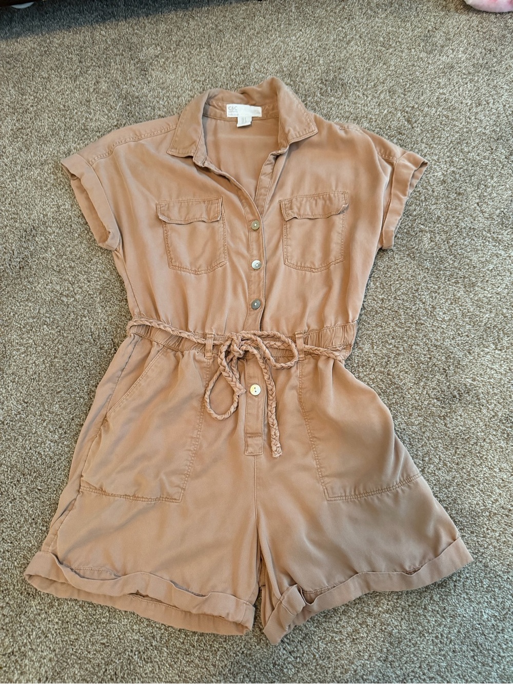 C&C California Tan Short-Sleeve Drawstring belt Romper